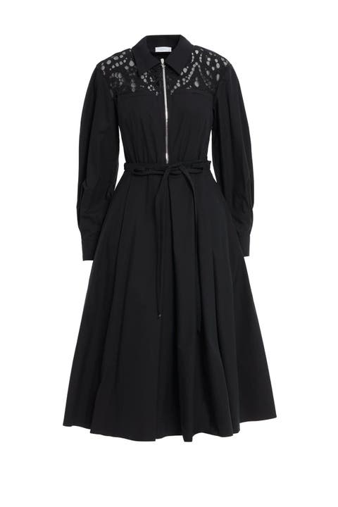 Shirt Collar Zippered Black Midi Dress