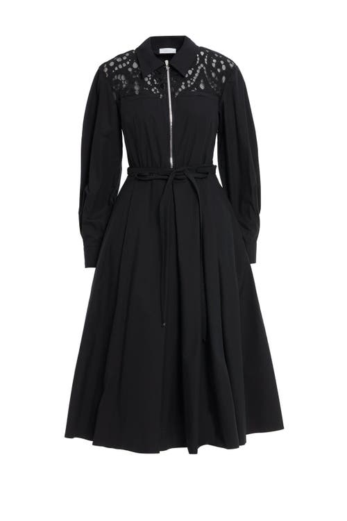 Gizia Shirt Collar Zippered Black Midi Dress