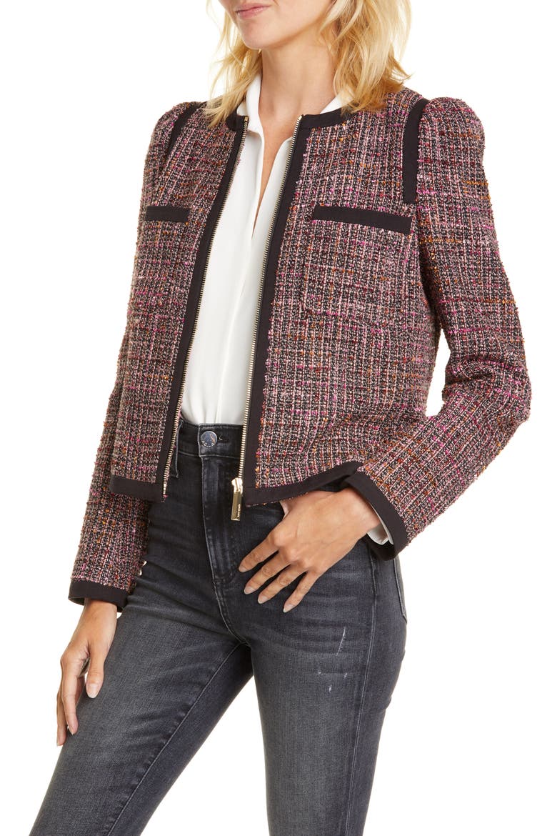 puff sleeve tweed jacket, Main, color, BLACK MULTI