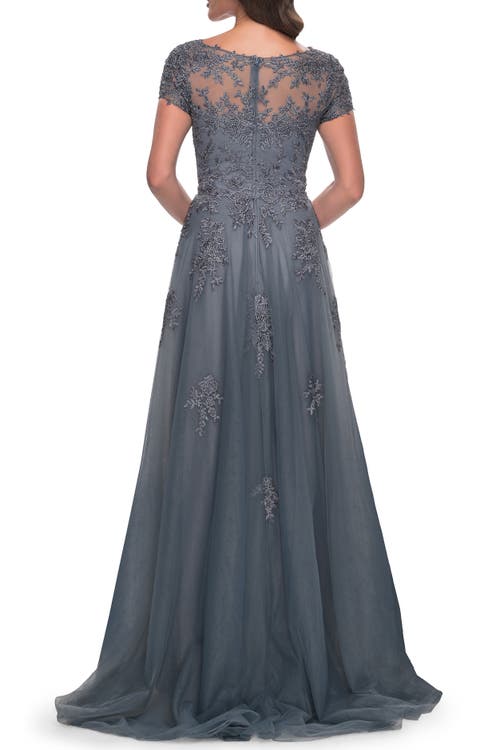 La Femme A-line Tulle Gown With Lace Applique And Short Sleeves In Slate Blue