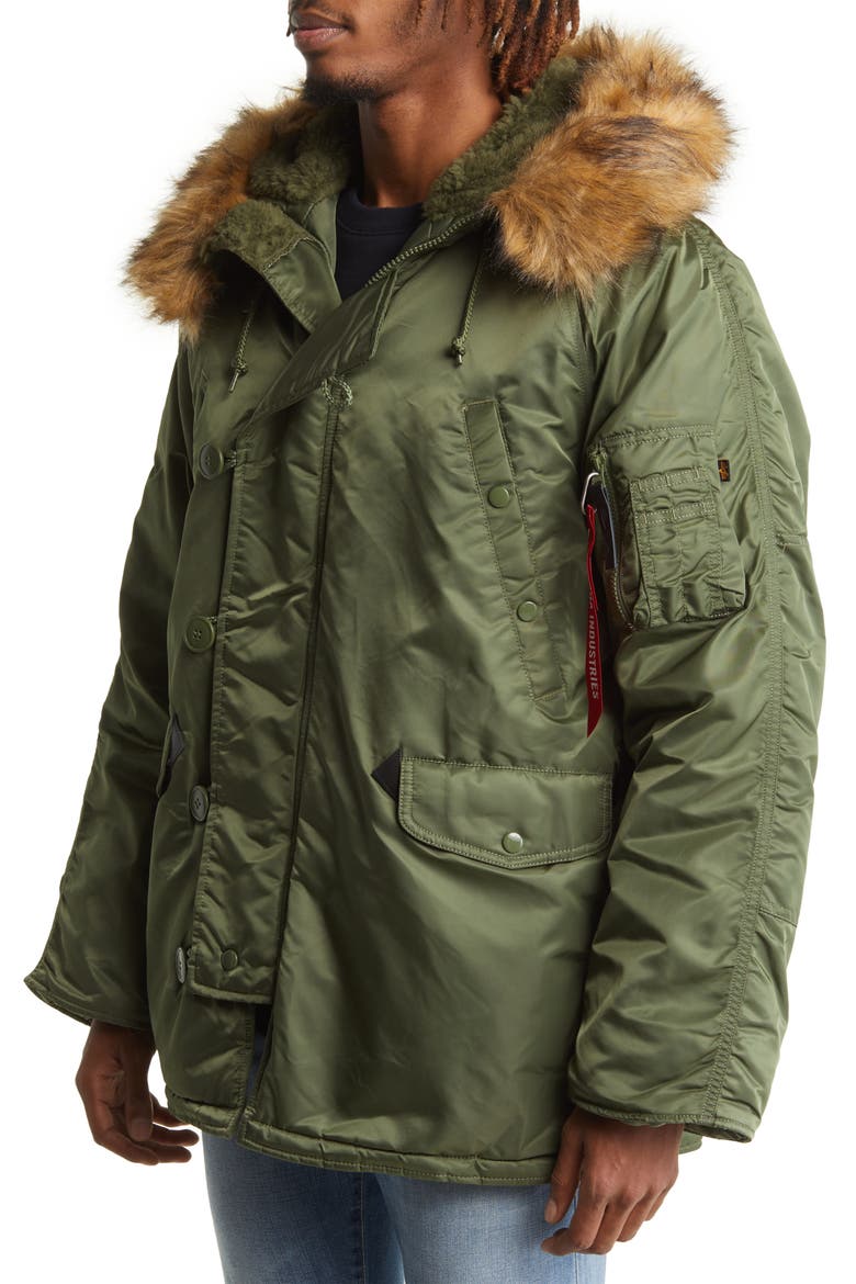 Alpha N-3B Water Resistant Parka with Removable Faux Fur Trim, Alternate, color, SAGE