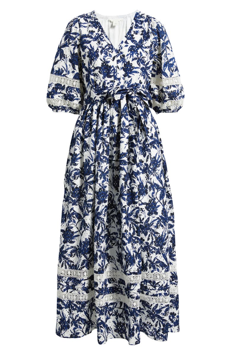 Caslon<sup>®</sup> Eyelet Tie Waist Maxi Dress, Alternate, color, Ivory/ Blue Navy Floral
