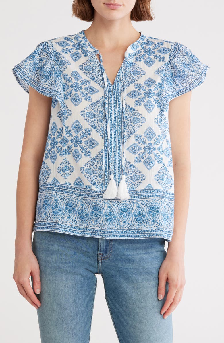 Lucky Brand Ruffle Sleeve Cotton Top, Main, color, Blue Combo