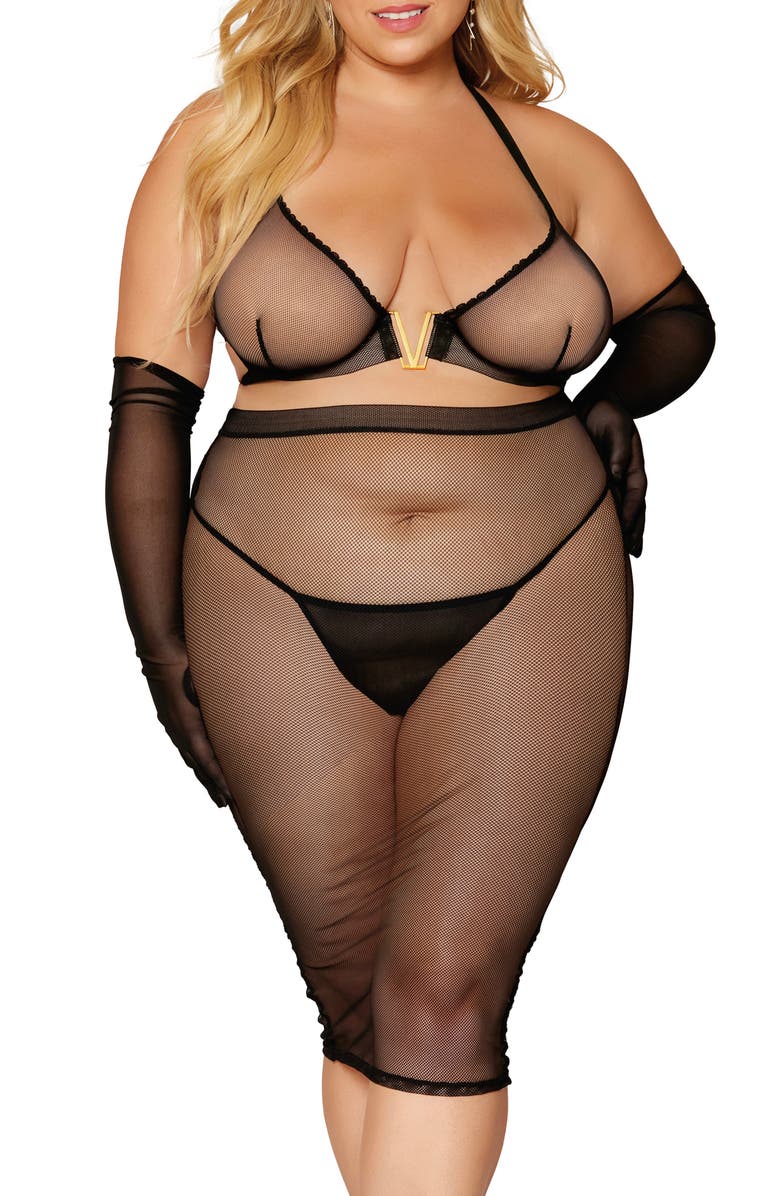 Dreamgirl Wireless Stretch Fishnet Bra & Slip Skirt Set, Main, color, 