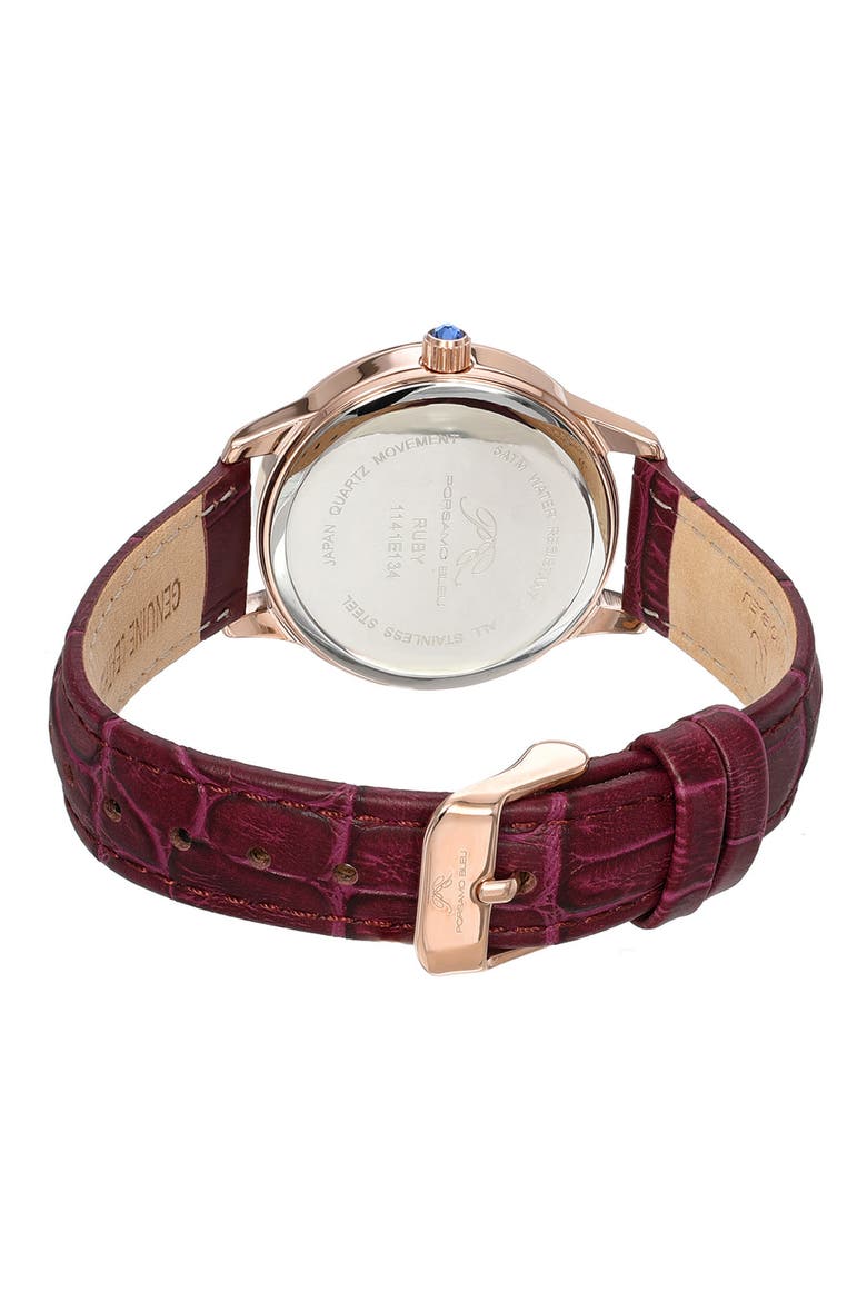 Ruby Sunray Croc Embossed Leather Strap Watch, 34mm, Alternate, color, ROSE/MERLOT