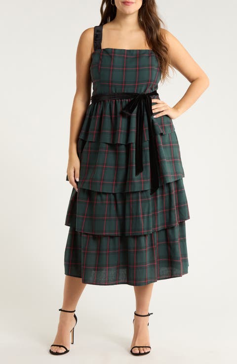 Brook Plaid Velvet Tiered Midi Dress (Plus)