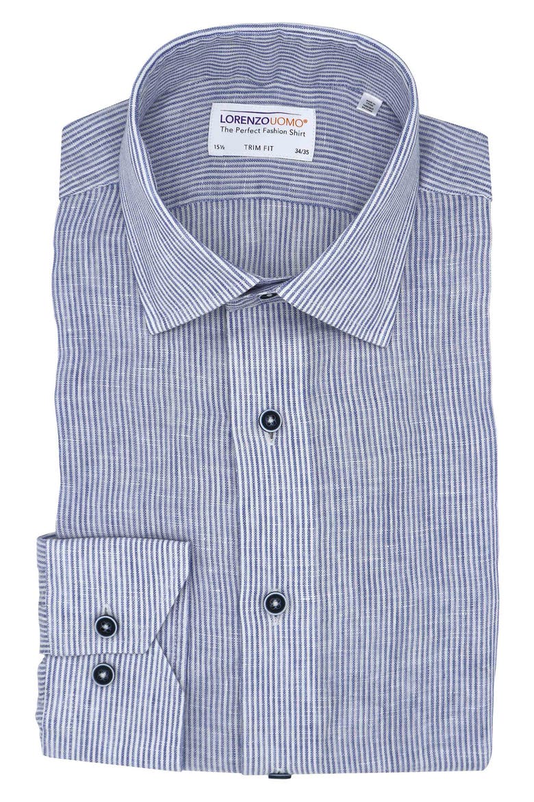 Striped Linen Trim Fit Dress Shirt, Main, color, WHITE/ BLUE