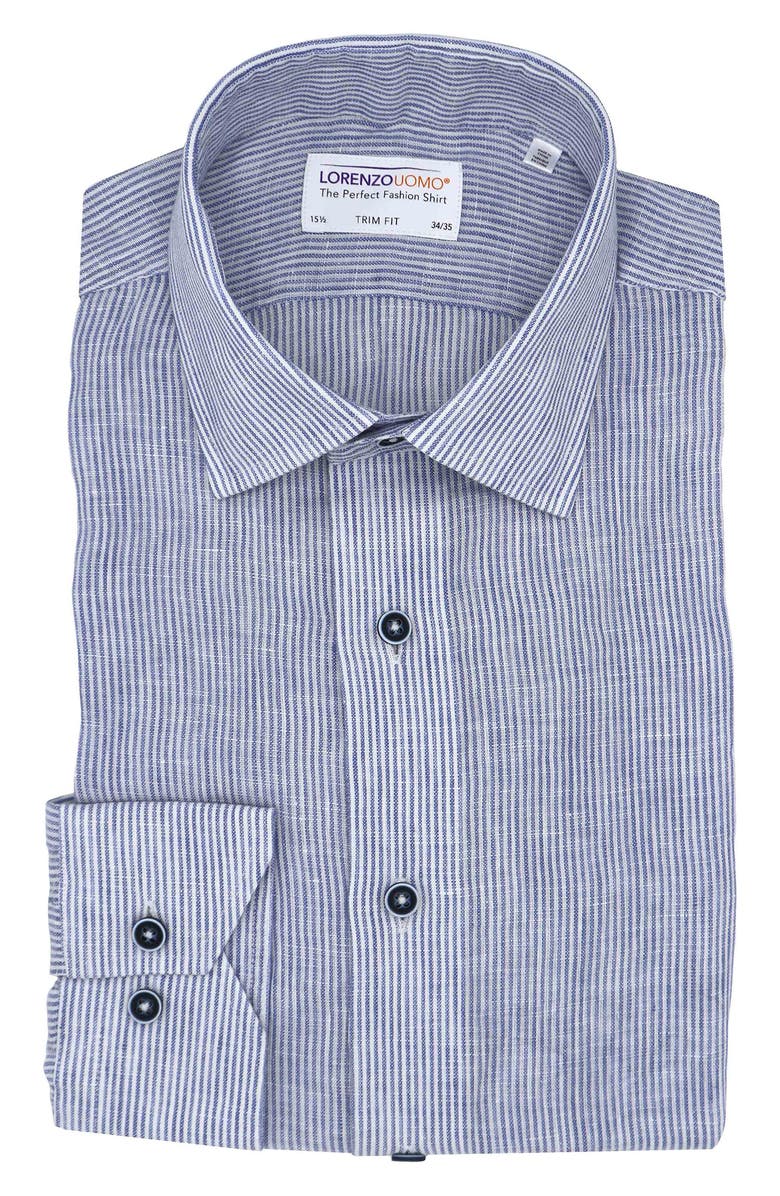 Lorenzo Uomo Striped Linen Trim Fit Dress Shirt, Main, color,