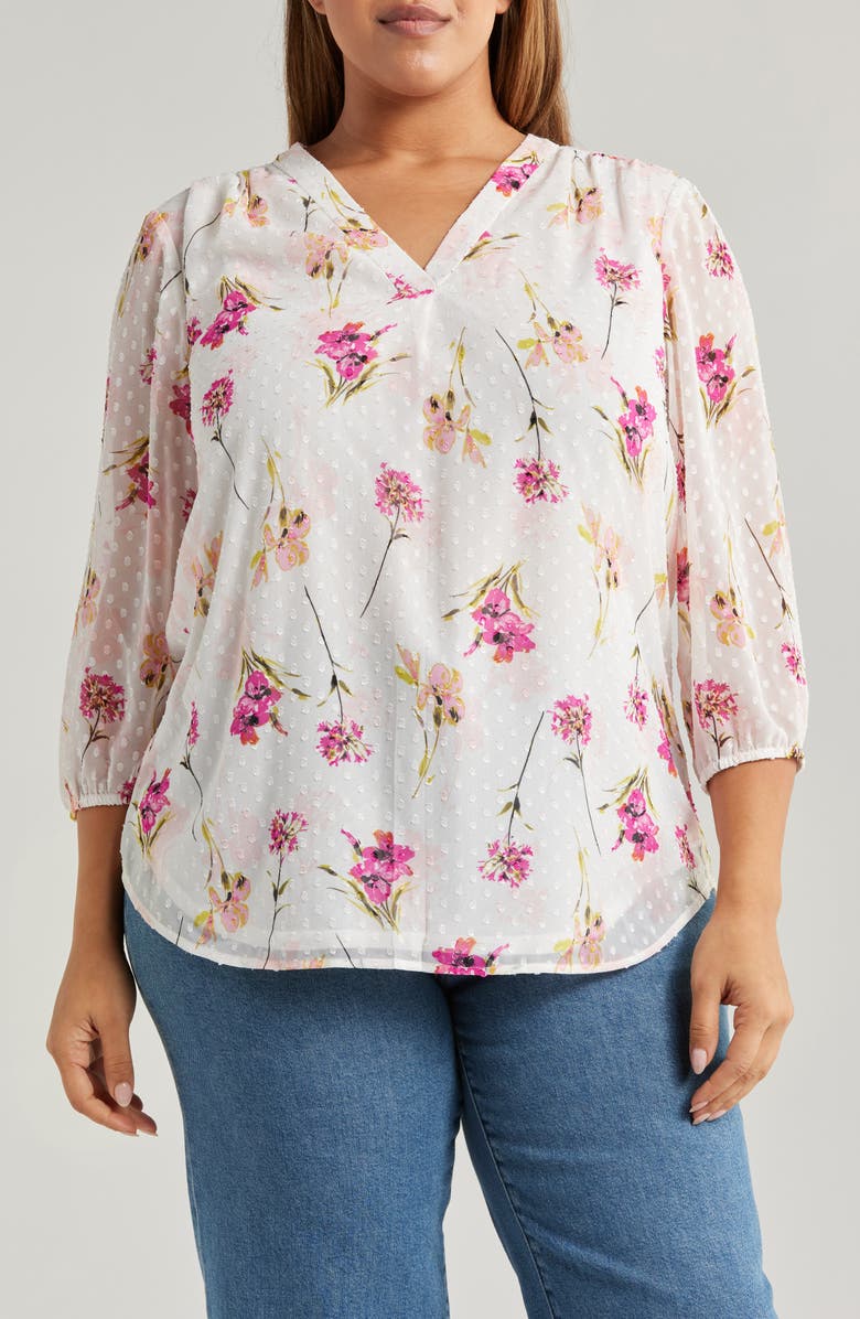 Jones New York Floral V-Neck Tunic Top, Main, color, Jones White Multi