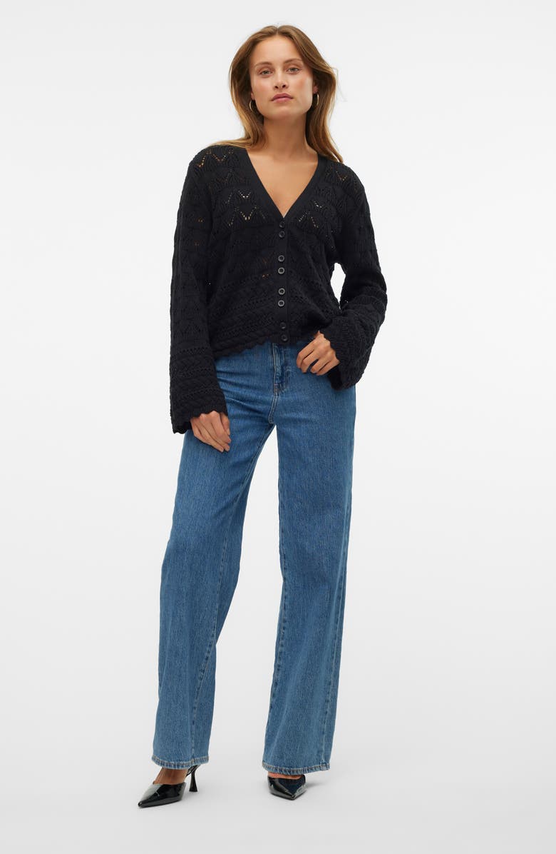 VERO MODA Pointelle Flare Sleeve Cardigan, Alternate, color, Black