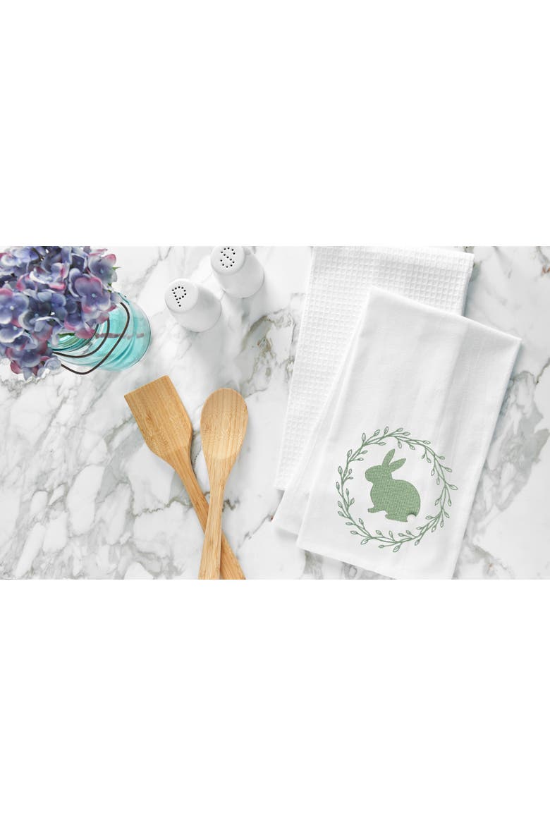 Spring Greens Bunny Rabbit w/ Spring Wreath Design Flour Sack Cotton Kitchen Dishtowel, Alternate, color, Green