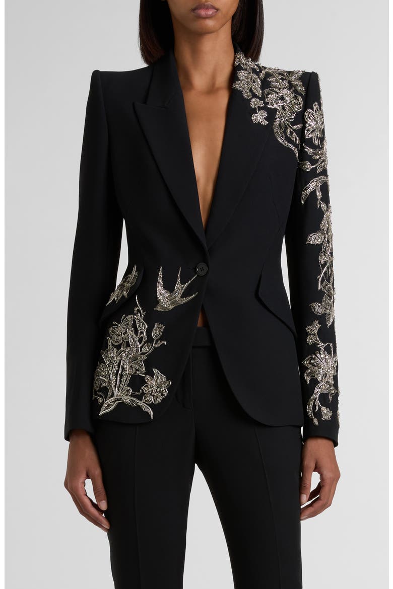 Tattoo Embroidery Peak Shoulder Crepe Blazer, Main, color, BLACK