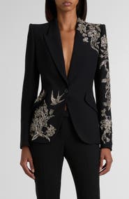 McQueen Tattoo Embroidery Peak Shoulder Crepe Blazer