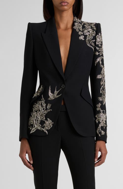 Alexander Mcqueen Mcqueen Tattoo Embroidery Peak Shoulder Crepe Blazer In Black