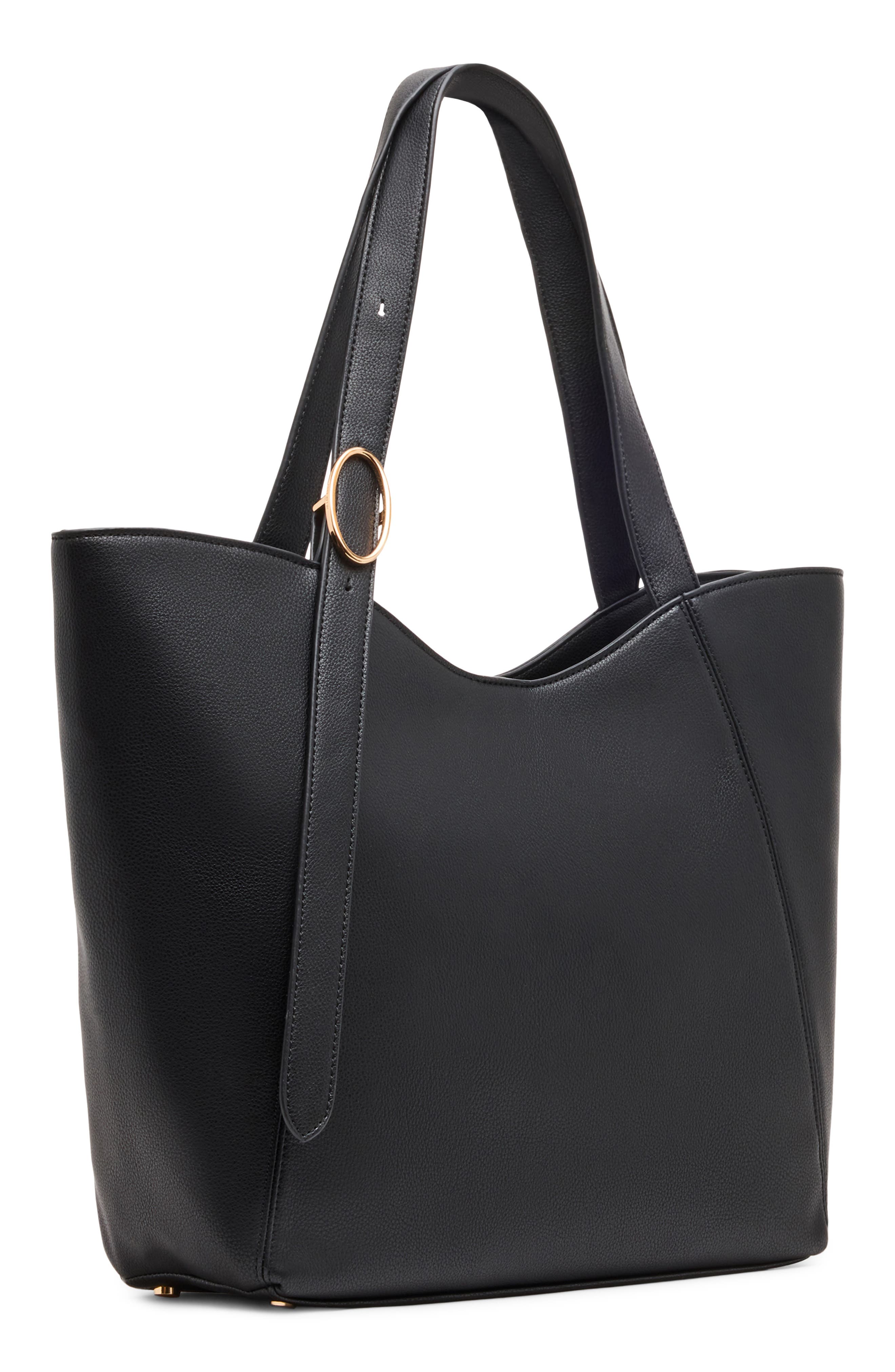 Faux Leather Tote with Pouch, Alternate, color, BLACK