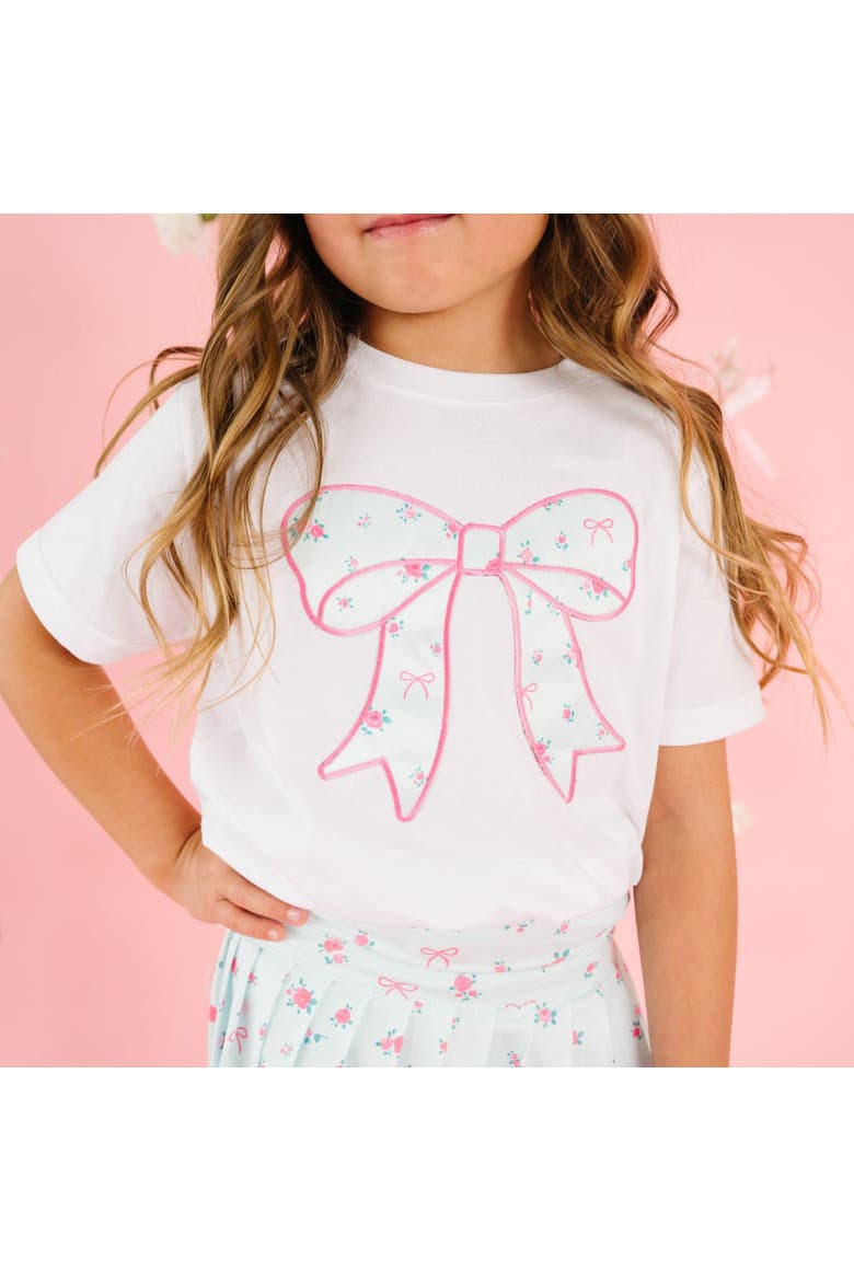 Sky Blue Floral Bow Patch Short Sleeve T-Shirt, Alternate, color, White