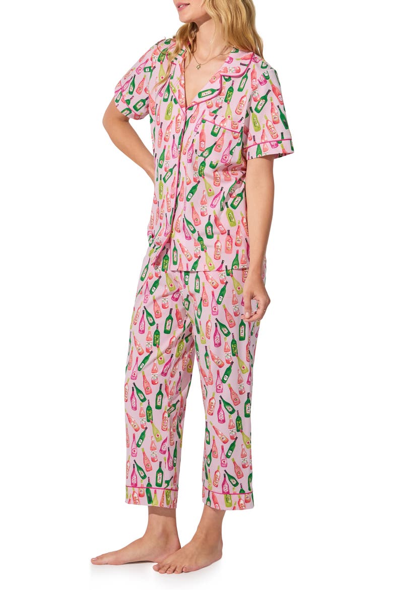 Print Stretch Organic Cotton Jersey Crop Pajamas, Alternate, color, WINE TOUR