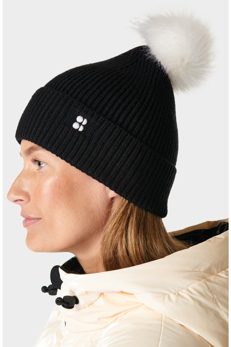 Rib Beanie with Faux Fur Pompom, Alternate, color, BLACK