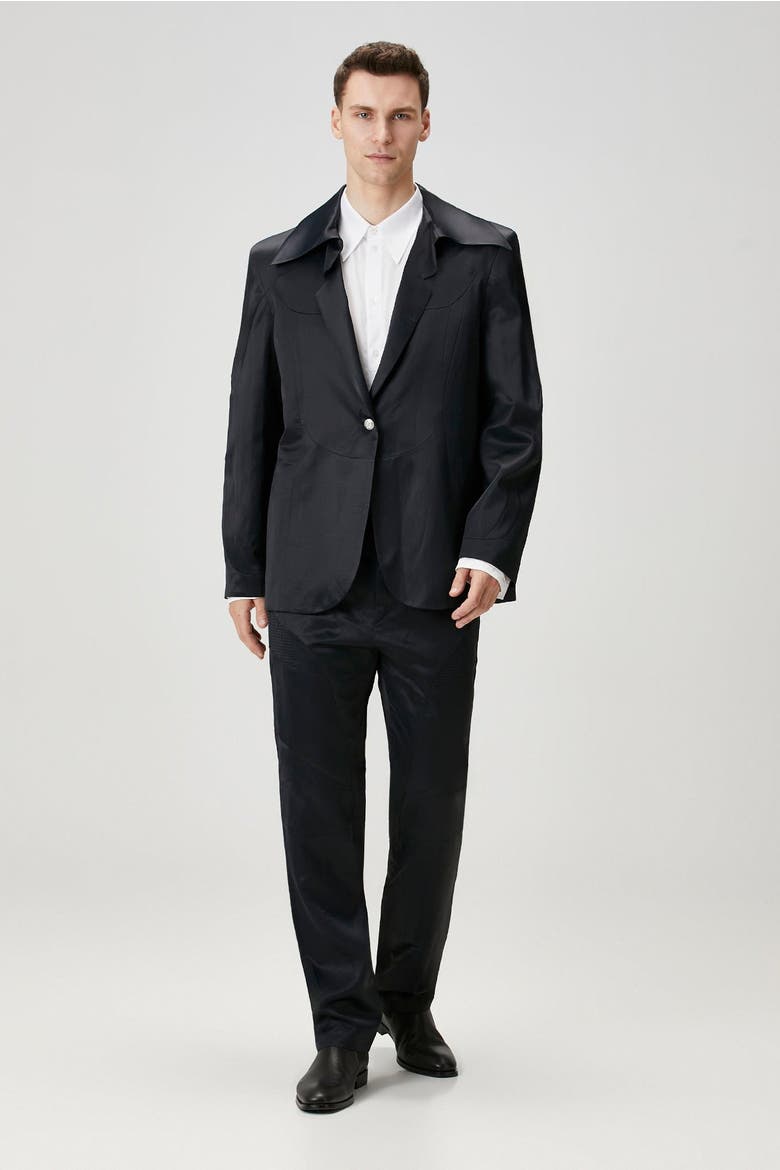 Linen & Cotton Blend Shiny Woven Men Blazer Jacket, Alternate, color, BLACK
