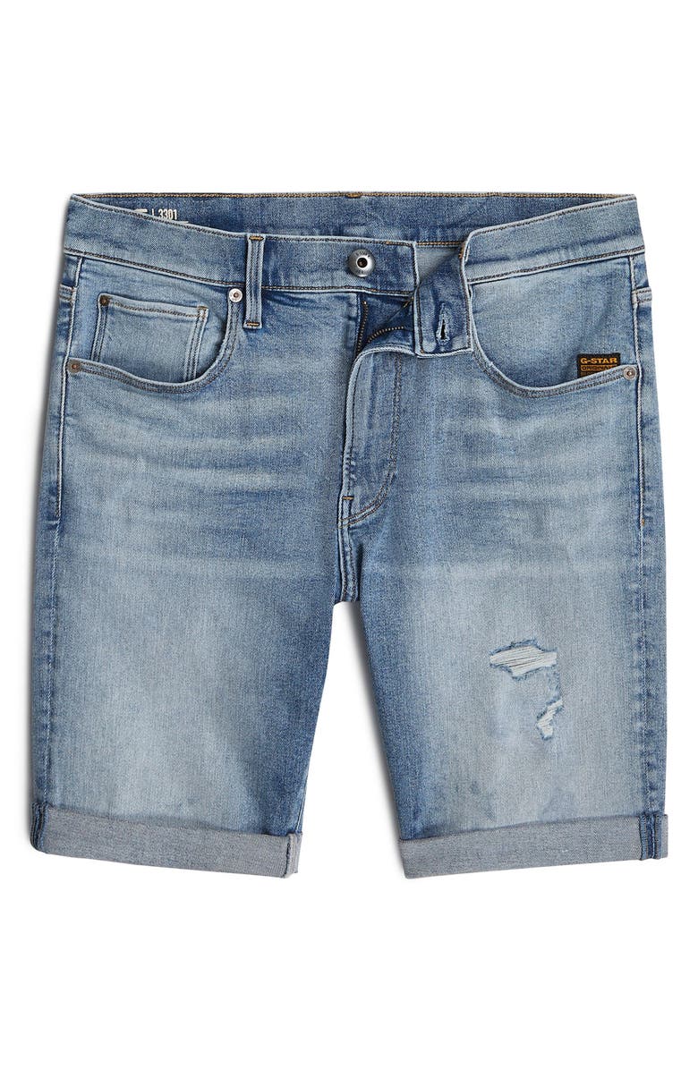 G-STAR 3301 Slim Fit Denim Shorts, Alternate, color, Vintage Blue Stream Destroyed