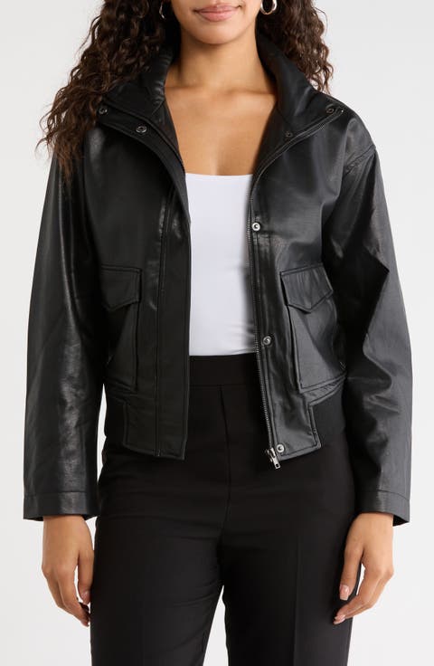 High Neck Faux Leather Bomber Jacket