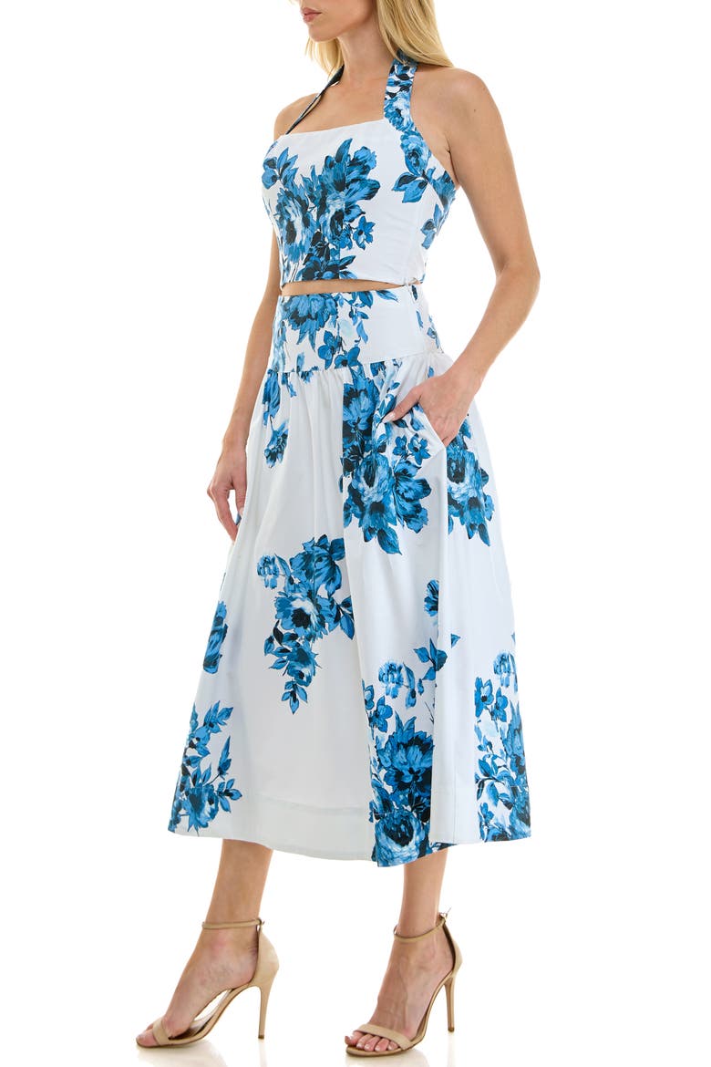 Floral Halter Crop Top & Midi Skirt Set, Alternate, color, WHITE BLUE
