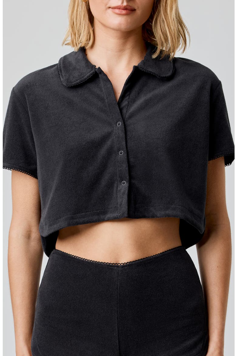Terry Cloth Crop Snap-Up Shirt, Main, color, BLACK