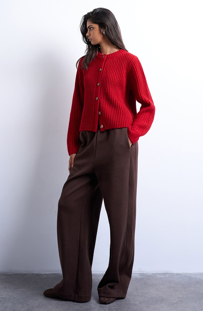 Topshop Rib Cardigan, Alternate, color, Red