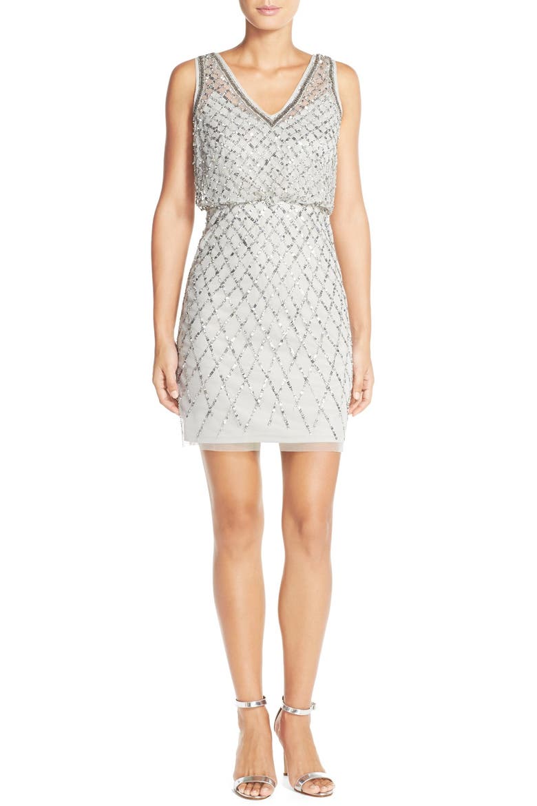 Embellished Blouson Sheath Dress, Alternate, color, SILVER