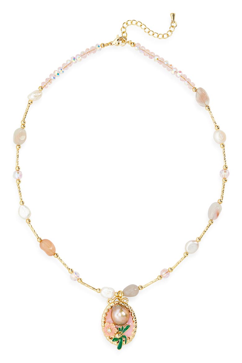 Eliana Flower Beaded Imitation Pearl Charm Necklace, Main, color, GOLD