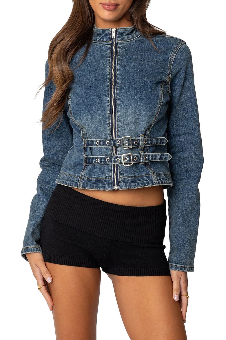Double Buckle Strap Denim Jacket, Main, color, BLUE