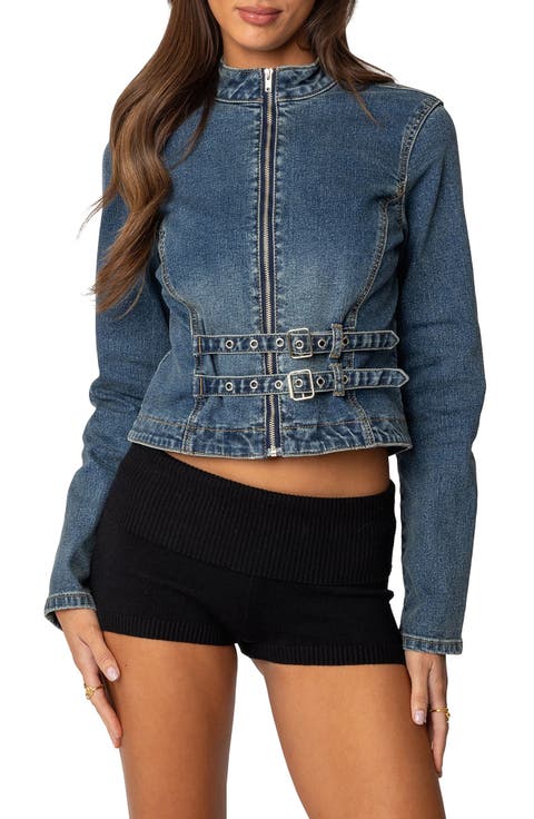 Double Buckle Strap Denim Jacket