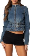 EDIKTED Double Buckle Strap Denim Jacket