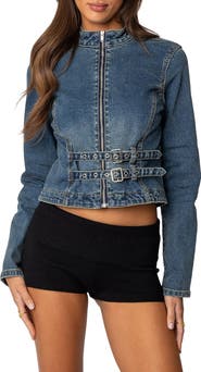EDIKTED Double Buckle Strap Denim Jacket