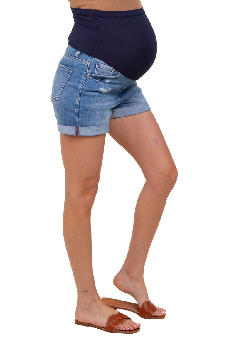 PinkBlush Distressed Rolled Cuff Maternity Jean Shorts, Alternate, color, Navy Blue