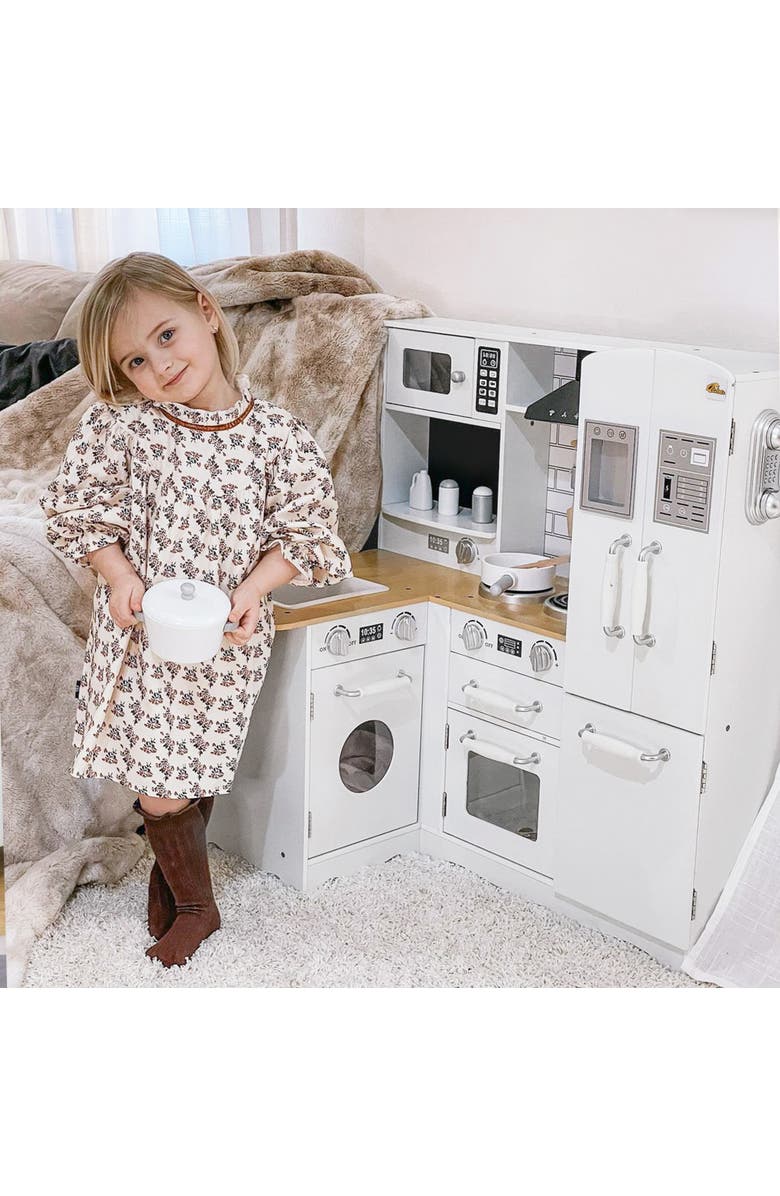 Qaba Kids Corner Kitchen Pretend Play Toy with Sound Effect, Appliances, Sink​, Alternate, color, White, Silver;