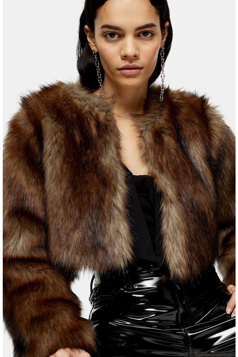 Chubby Faux Fur Crop Coat, Alternate, color, BROWN