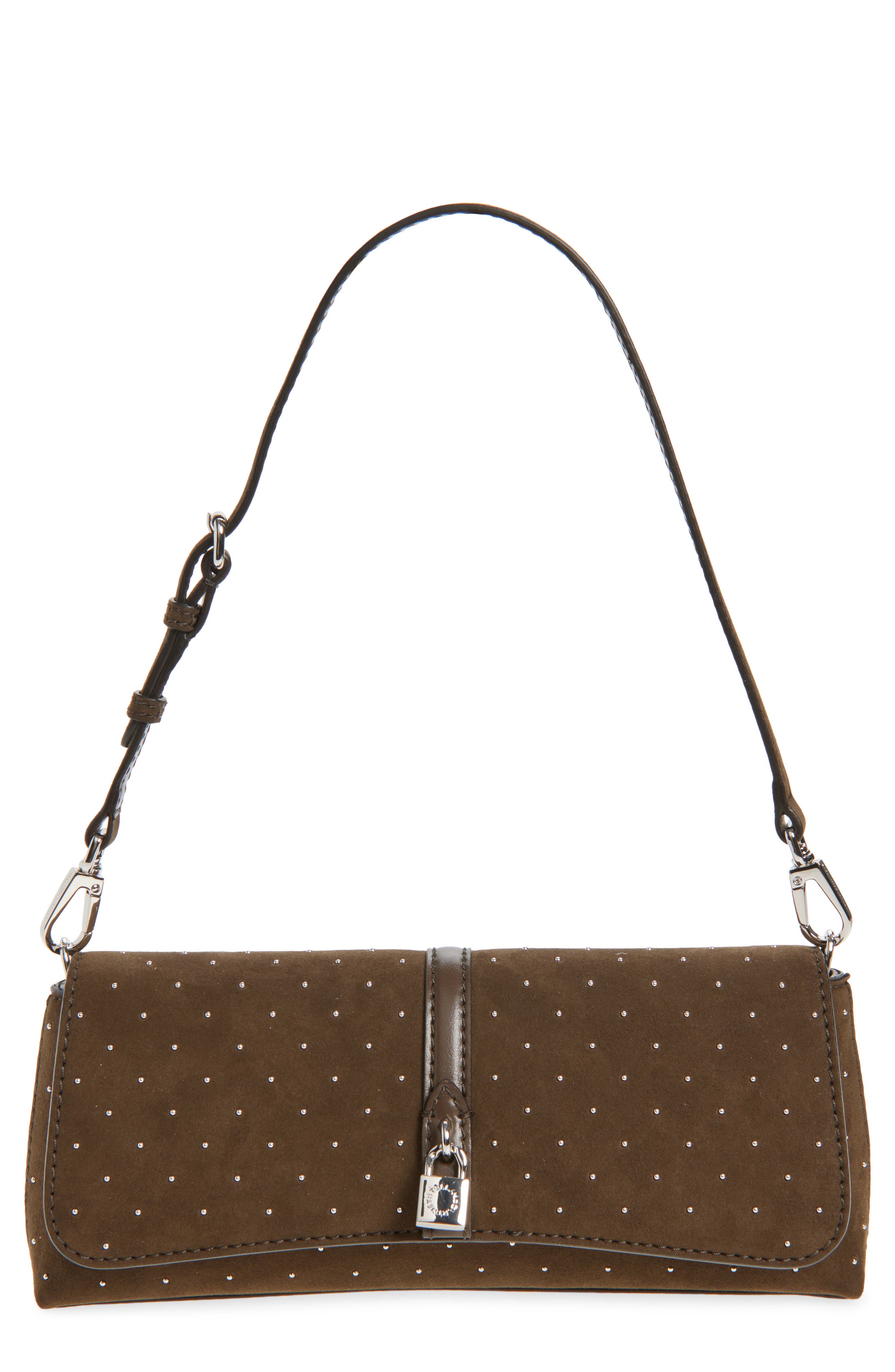 Stella McCartney Ryder Studded Faux Suede Shoulder Bag, Main, color, Moka