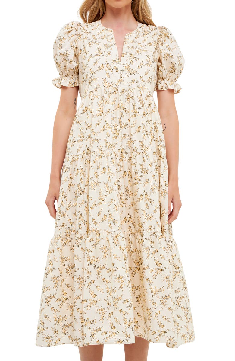 English Factory Floral Puff Sleeve Cotton Midi Dress, Alternate, color, 