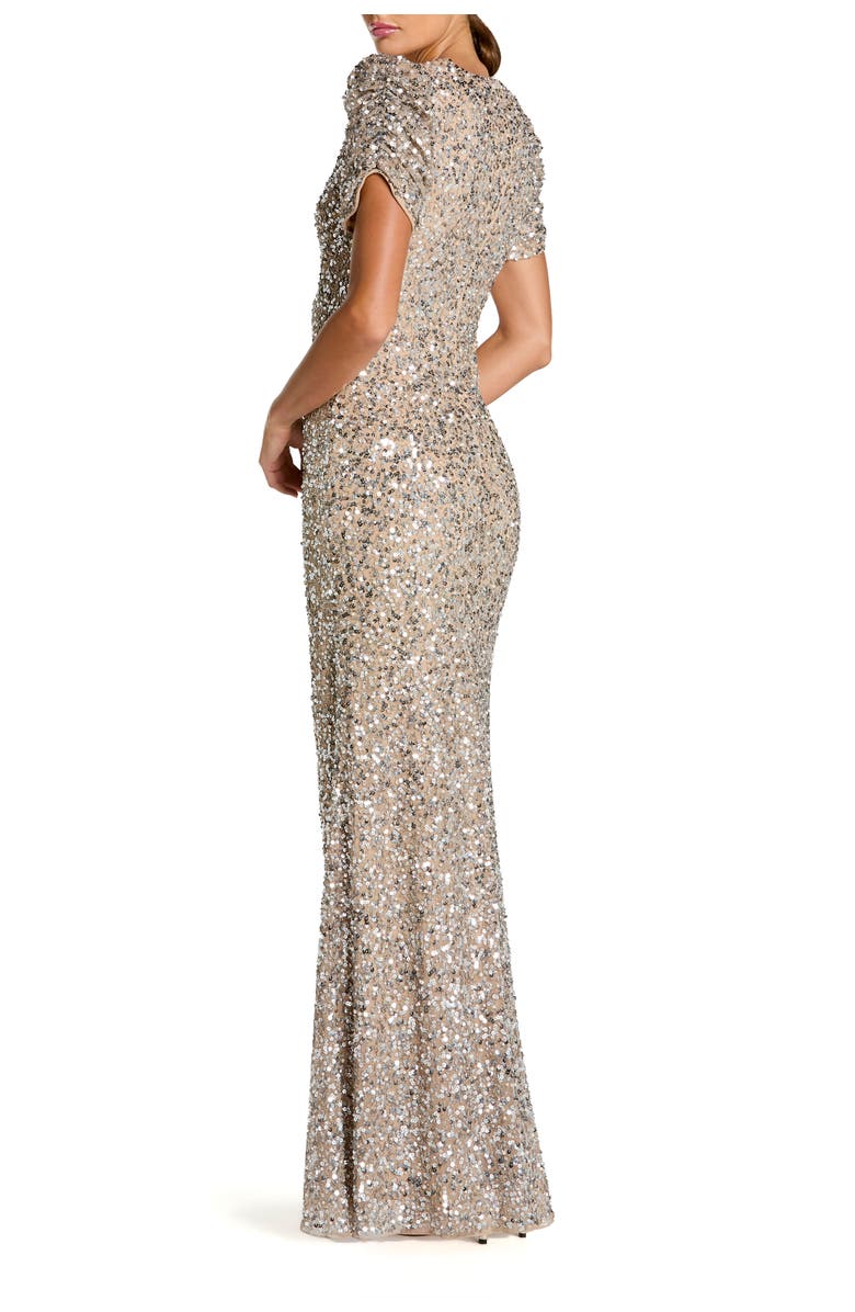 Mac Duggal Women's Embellished Mesh High-Neck Short Sleeve Gown, Alternate, color, Nude Silver