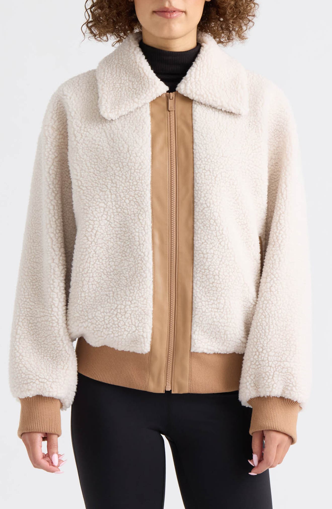 Scotch & Soda Bova Mixed Media High Pile Fleece Bomber Jacket In Neutral