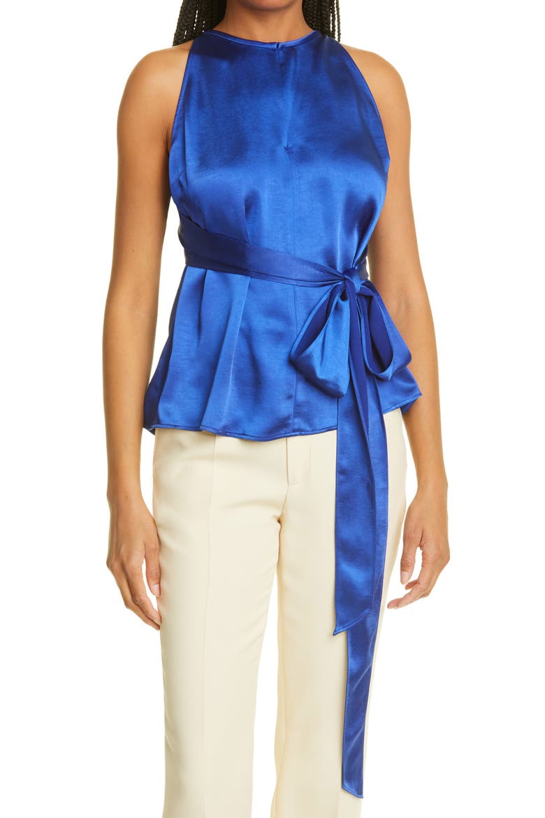Sleeveless Tie Waist Satin Top, Main, color, DARK BLUE