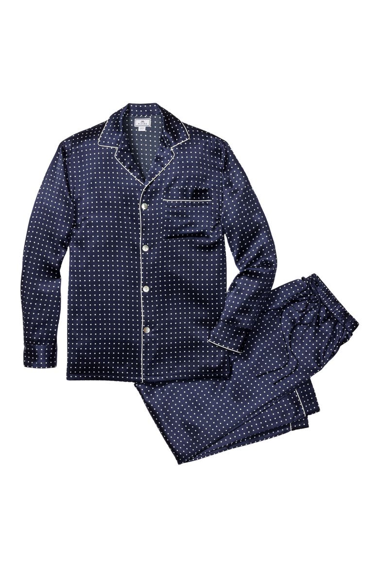 Navy Polka Dot Silk Pajamas, Alternate, color, NAVY