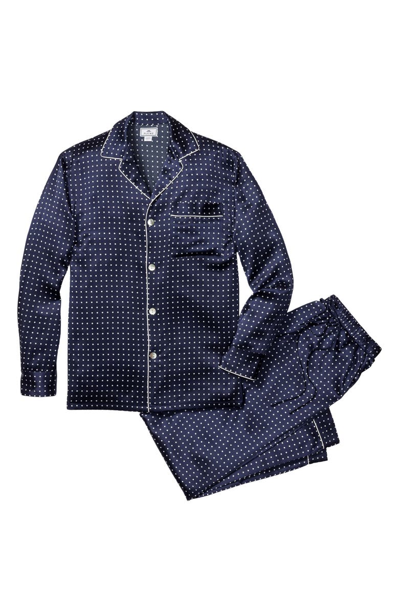 Petite Plume Navy Polka Dot Silk Pajamas, Alternate, color, 