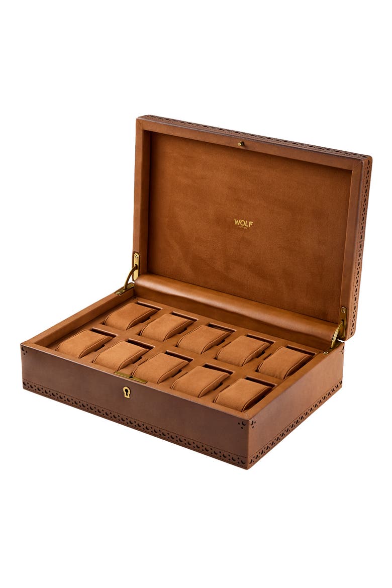 Brogue 10 Piece Watch Box, Alternate, color, Burnished Brown
