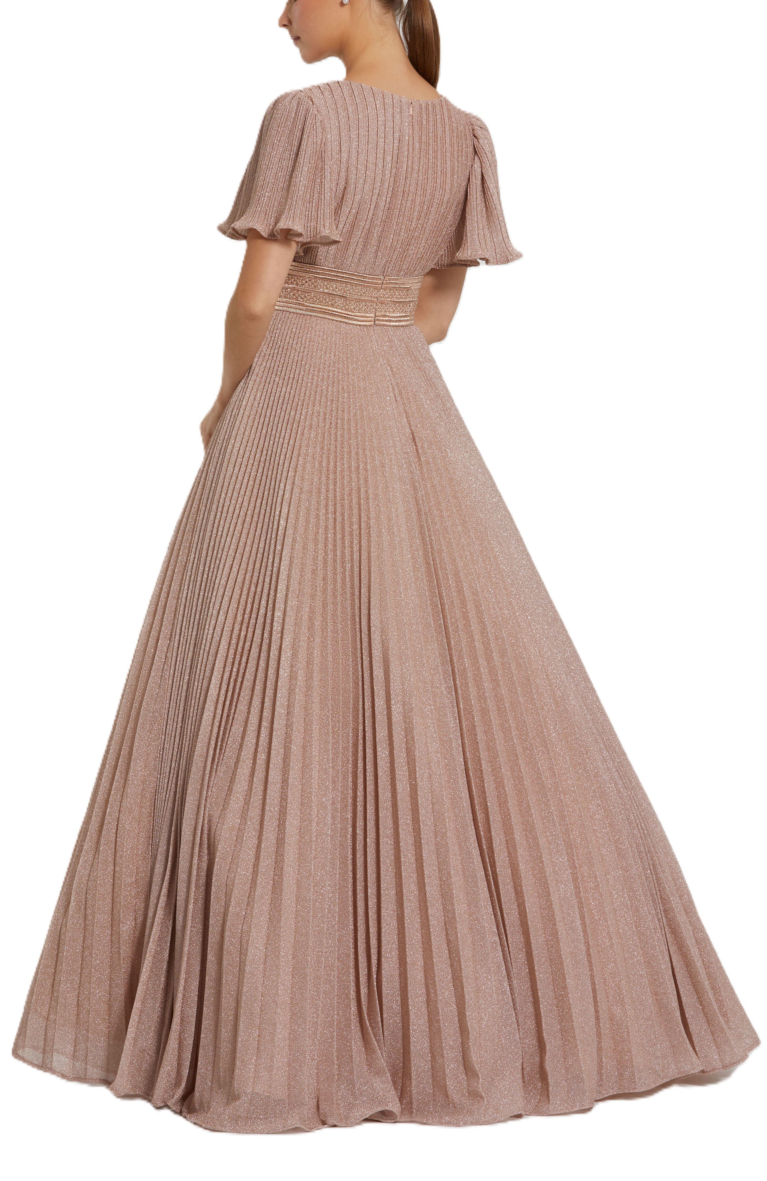 Pleated Shimmering Georgette Flutter Sleeve Gown - image 4