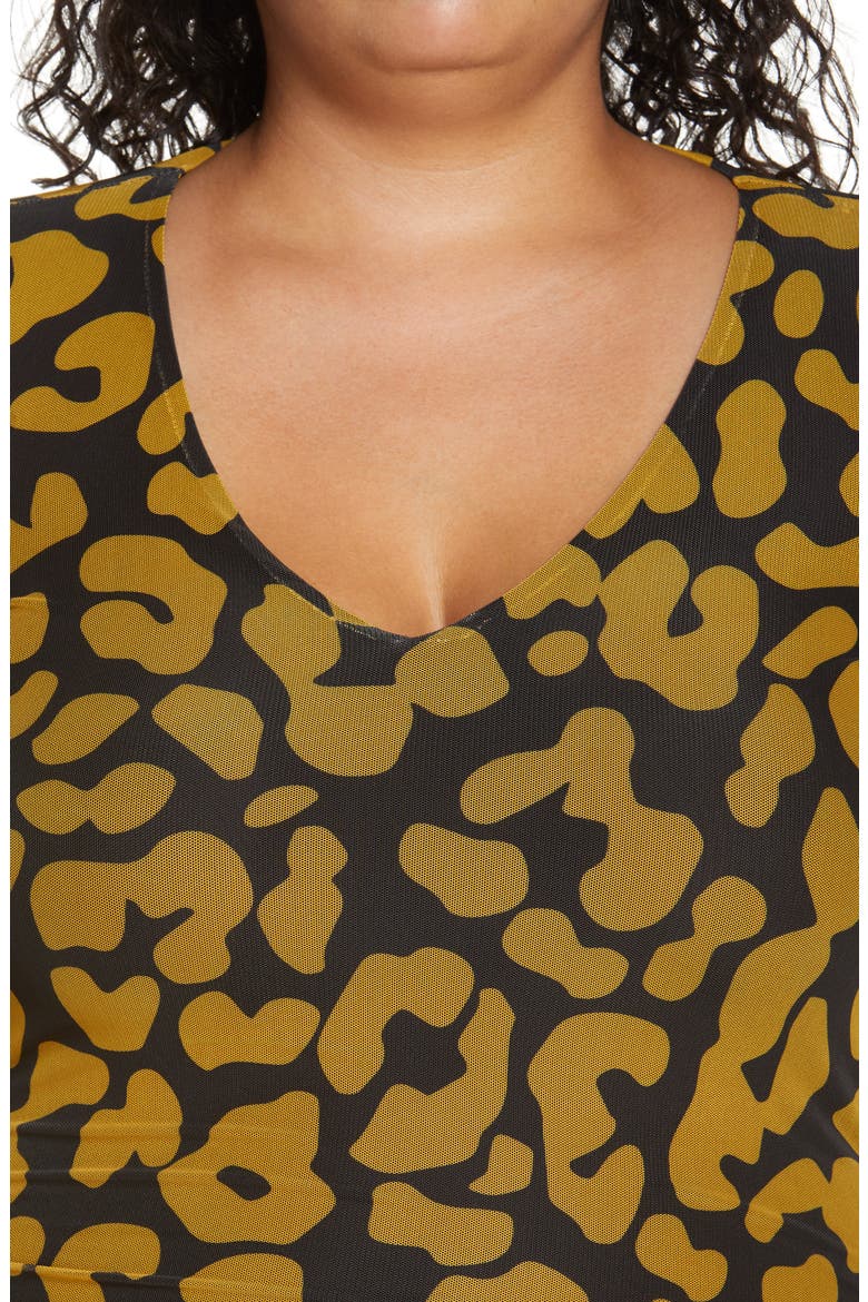 Iris Ruched Mesh Long Sleeve Body-Con Dress, Alternate, color, HONORE ANIMAL PRINT YELLOW