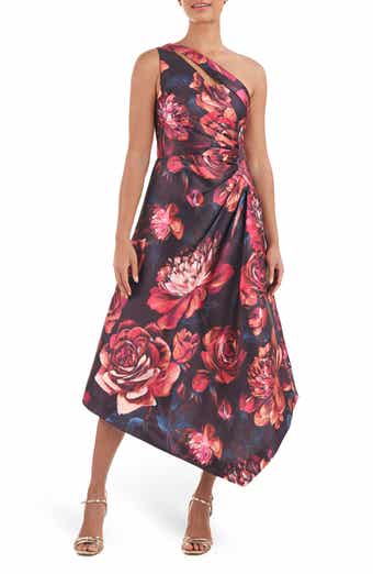 Kay Unger Iris Floral Print One-Shoulder Handkerchief Hem Midi Dress