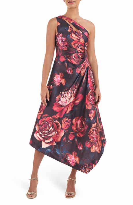 Kay Unger Iris Floral Print One-Shoulder Handkerchief Hem Midi Dress