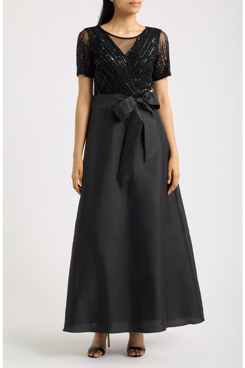 Beaded Tie Waist Gown, Main, color, BLACK 001